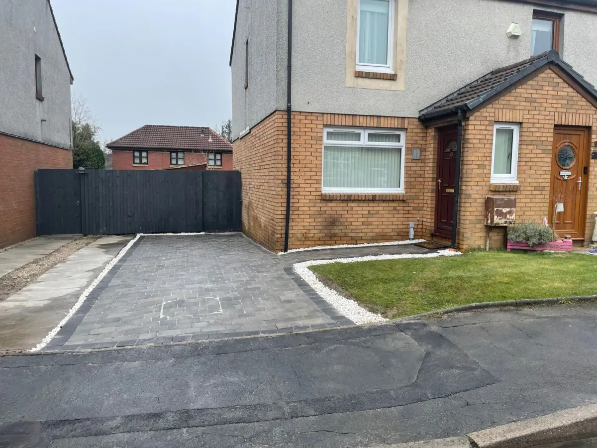 The same Cumbernauld driveway after: grey Marshalls Tegula with a charcoal border